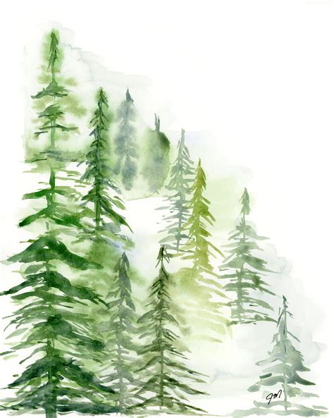Printable Wall Art Watercolor Pine Trees In Misty Mountains Etsy