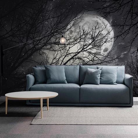 Custom Wallpaper Mural Black And White Moon Tree Branches Bvm Home