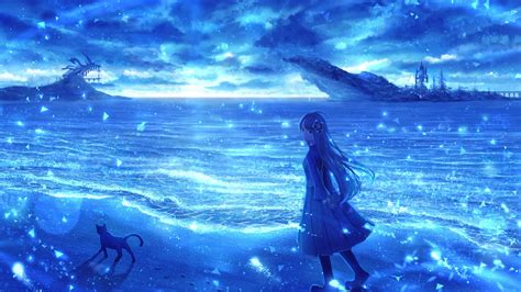 Desktop Wallpaper Cute Anime Girl Sea Night Fan Art Hd Image