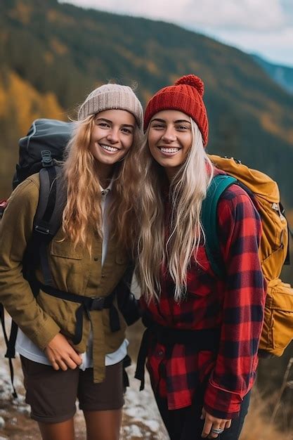 Premium Ai Image Two Girl Friends Hiking The Mountain Together