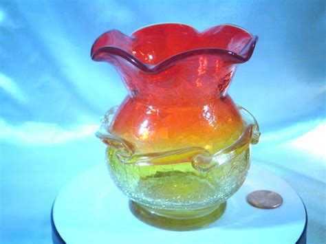 Amberina Crackle Glass Vase With Applied Ribbon Etsy