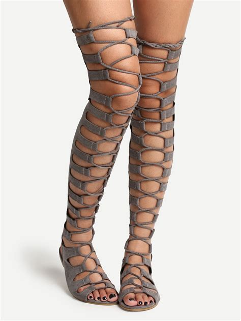 Shop Grey Lace Up Thigh High Gladiator Sandals Online Shein Offers