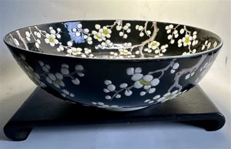 Japanese Studio Art Pottery Black Enamel Cherry Blossom Footed Bowl