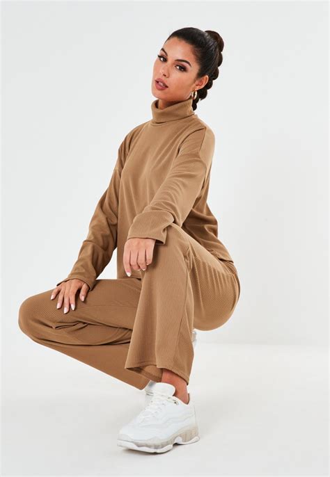 Petite Camel Co Ord Ribbed Wide Leg Trousers Missguided
