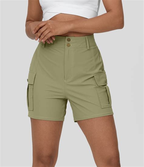 Womens High Waisted Button Zipper Flap Pocket Casual Cargo Shorts