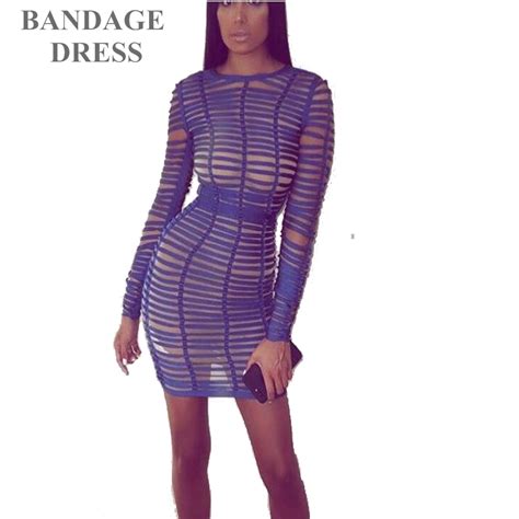 2017 The Newest Summer Sheer Sexy Bandage Dress O Neck Long Sleeve Patchwork Dress Sexy Mini