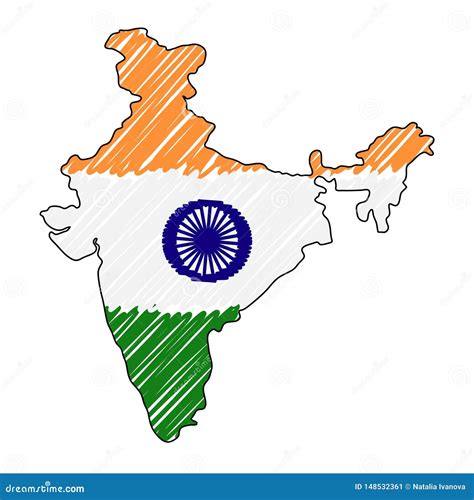 India Map Hand Drawn Sketch Vector Concept Illustration Flag