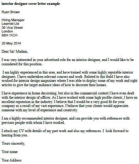 Imagine a job application without a sales cover letter or a job application with imperfectly written cover letter. Interior Designer Cover Letter Example - Learnist.org