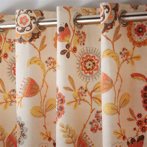 Orange Eyelet Curtains Floral Retro Geometric Ready Made Ring Top