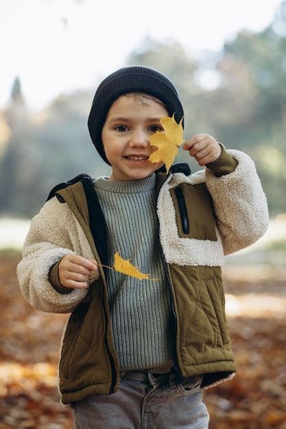 Premium Photo Little Boy In Park Holding Autumn Leaves