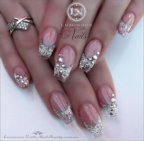 Silver Glitter Rhinestones Gradient French Nails Favnails