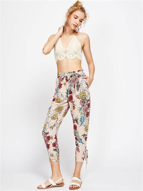Floral Print Lace Up Side Pants SheIn Sheinside
