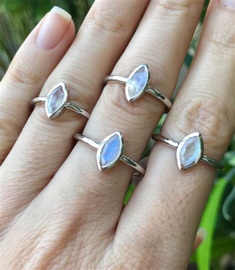 Genuine Rainbow Moonstone Stackable Ring Natural Moonstone Marquise
