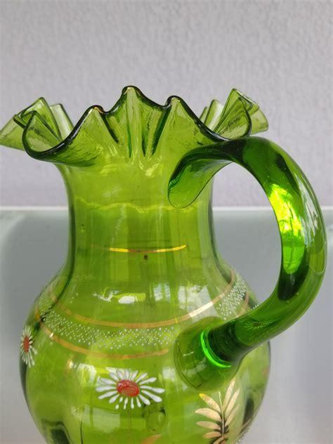 Victorian Enameled Pitcher Ruffled Edge Green Glass Antique Etsy
