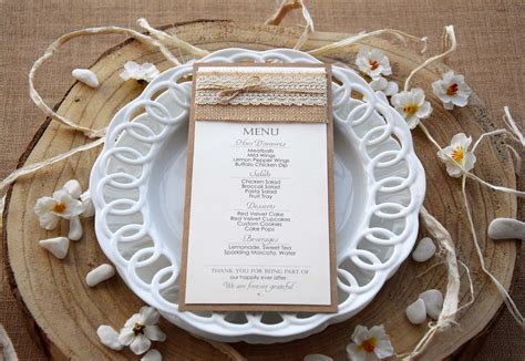 Wedding menu cards are a beautiful way to get your guests excited about the meal you've. Ivory Rustic Lace Wedding Dinner Menu, Burlap and Lace Dinner Menu