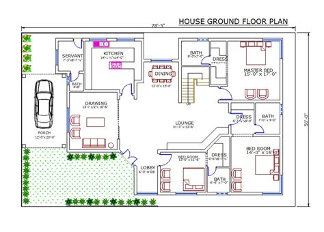50 X 78 House Ground Floor Plan With Furniture Drawing Dwg File Cadbull