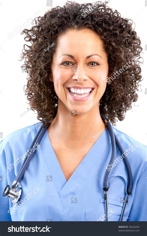 Smiling Medical Nurse Stethoscope Isolated Over Stock Photo 29644204