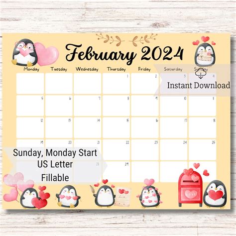 Editable February 2024 Calendar Valentines Day Homeschool Loving