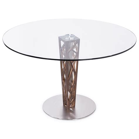 Crystal Round Dining Table In Brushed Stainless Steel Finish With Walnut Veneer Column And 48
