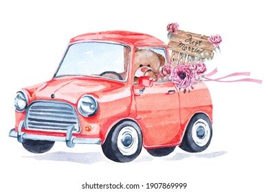 Car Painting Wedding Watercolor Decorated Flowerantique Stock