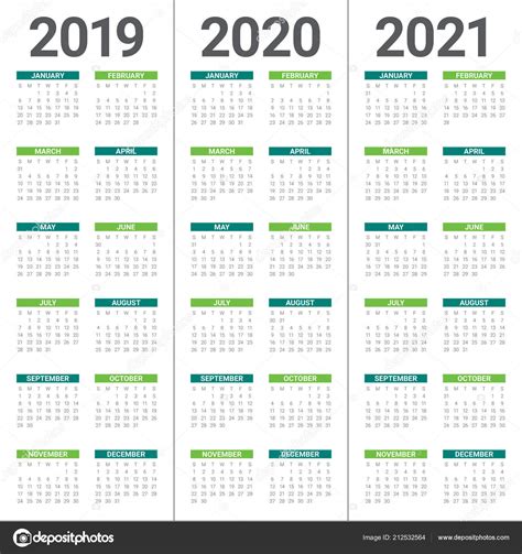 Year 2019 2020 2021 Calendar Vector Design Template Simple Clean