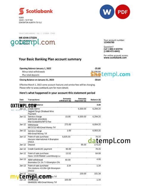 Australia Scotiabank Bank Statement Word And Pdf Template 2 Pages