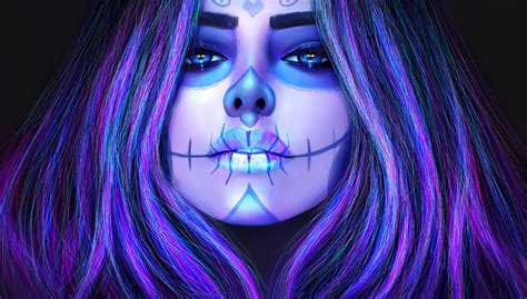 Model Halloween Dia De Los Muertos Tattoo Black Woman Brunette Girl Hand Face Skull Hd