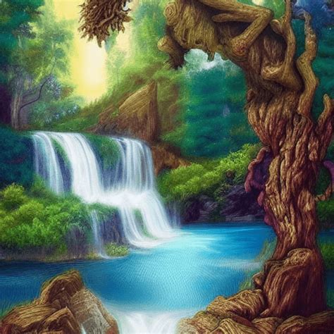 Fantasy Painting Forest Mountain And Magical Waterfalls · Creative Fabrica