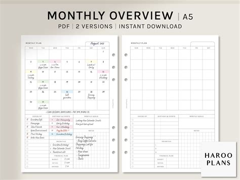 Monthly Overview A5 Printable Planner Inserts Mo1p Layout Etsy