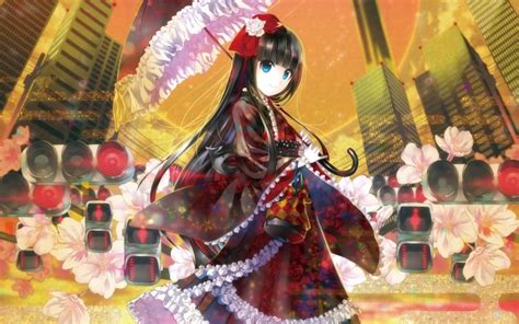 Wallpaper Anime Girl Black Hair Umbrella Flowers Traditional