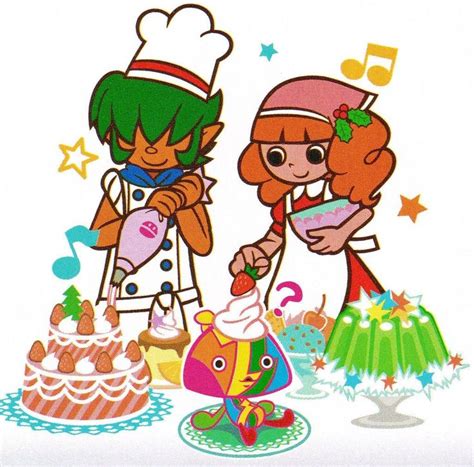 Two Cartoon Characters Standing Next To Each Other In Front Of A Cake
