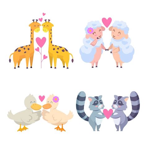 Free Vector Set Of Love Animal Couples For Valentines Day