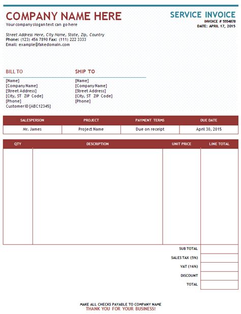 Free Professional Sample Service Invoice Format For Ms Word