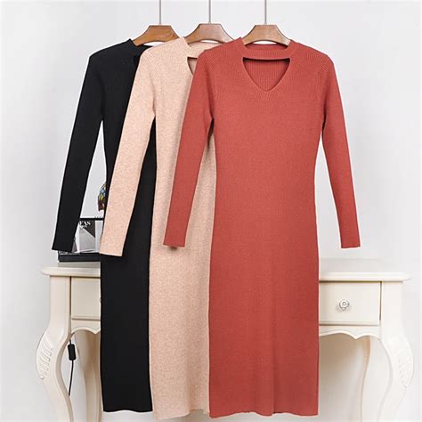 women autumn winter sweater knitted dresses slim elastic v neck long sleeve sexy lady bodycon