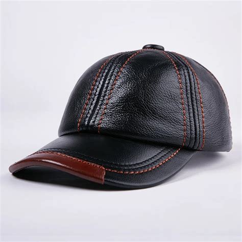 Winter Genuine Leather Baseball Caps Men Golf Peaked Dome Hats Male