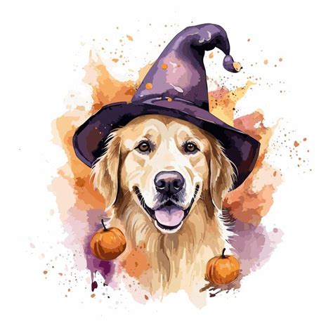 Premium Vector Dog Wearing Witch Hat With Pumpkins