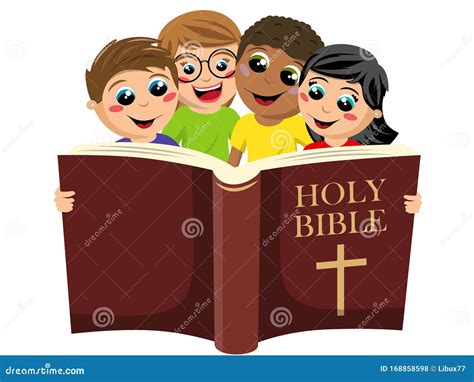 Pequeño Grupo De Niños Multiculturales Leyendo El Libro Sagrado De La