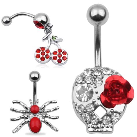 L Surgical Steel Spider Rhinestone Navel Ring Red Dangle Body