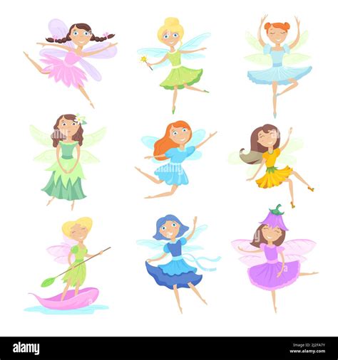 Cartoon Fairies Set Cute Female Characters In Beautiful Dresses With