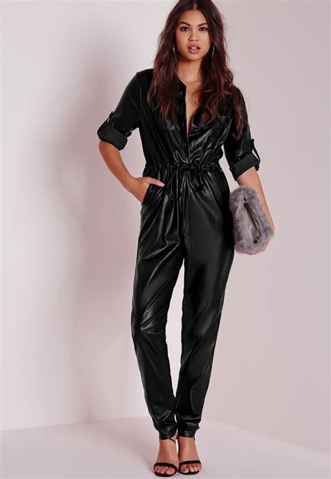 Lyst Missguided Faux Leather Utility Jumpsuit Black In Black