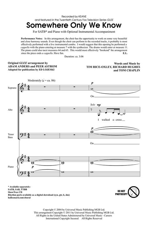 Somewhere Only We Know Sheet Music By As Performed On Glee Sku