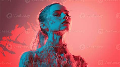 A Woman With Blood Dripping Down Her Face In Front Of A Red And Blue