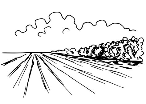 Simple Vector Drawing In Black Outline Rural Landscape Plowed Field