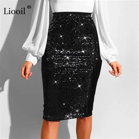 liooil sexy black sequin midi skirt women 2019 high waist club skirt fashion patchwork party