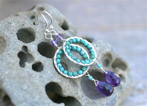 Turquoise Amethyst Gemstone Wire Wrapped Sterling Silver Etsy In