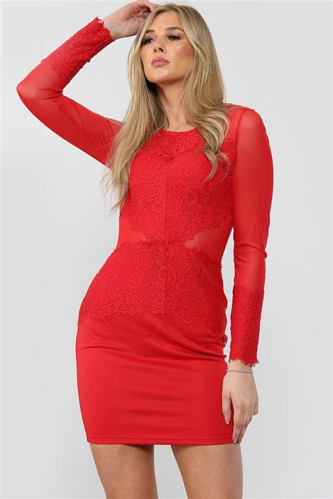 Buy Bodycon Mini Dress Red Lace Detail Mesh Long Sleeves Avinci