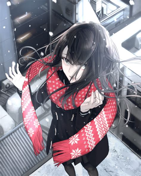 Wallpaper Snow Red Scarf Anime Girl Black Hair Top View