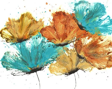 Abstract Flower Art Teal Orange Yellow Floral On Paper 16 X 20 Flower