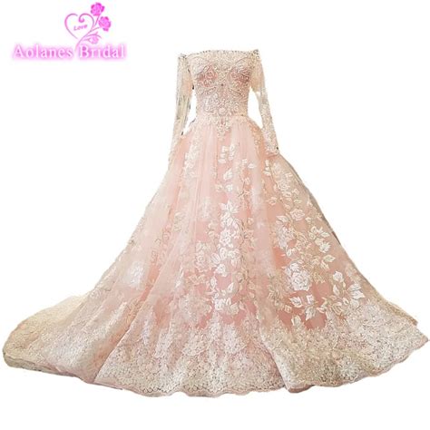Aolanes 2018 Lace Beads Crystals Tulle Boat Neck Long Sleeves Pink