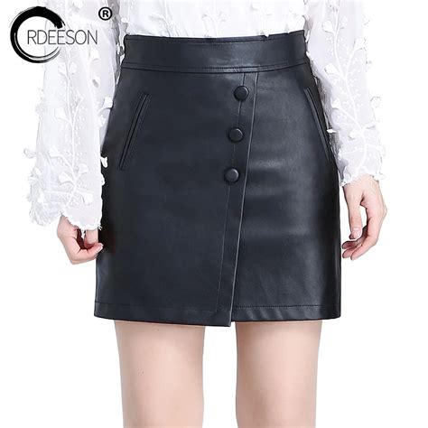 Ordeeson A Line Short Skirts Leather Skirt Plus Size Faux Leather Winter Black High Waist Mini